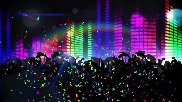 Animation of party text and people dancing at party with lights on black background