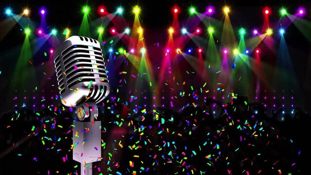Animation of retro microphone, confetti and disco party lights on black background