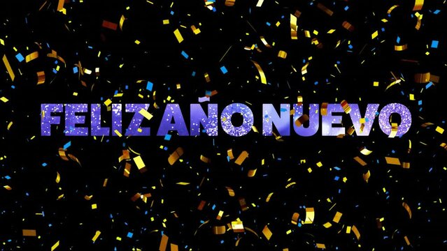 Animation of feliz ano nuevo text and confetti on black background