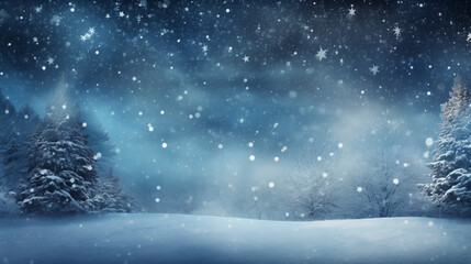 Enchanting allure of a winter forest, blanketed in snow, against a backdrop of tranquil blue skies and gently falling snowflakes