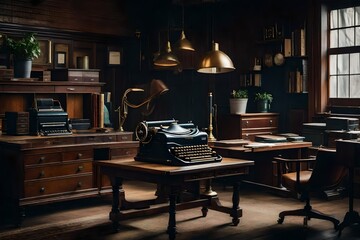A vintage-inspired office with antique desks and typewriters.
