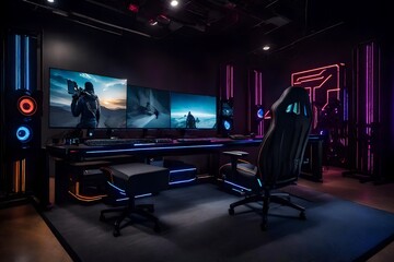A high-tech gaming studio with high-performance computers and gaming chairs.