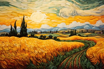 An Oil Painting Style Illustration of a Classic Landscape Artwork For Art Gallery or Stately Home in a Vincent Van Gogh Style Featuring Sun Hay Fields Hills Trees Countryside Swirl at Sunset Sunrise - obrazy, fototapety, plakaty