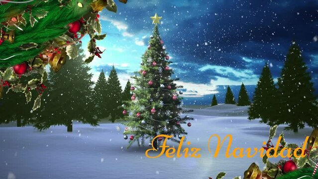 Animation of decorated tree branches over feliz navidad text and christmas tree on winter landscape - Powered by Adobe
