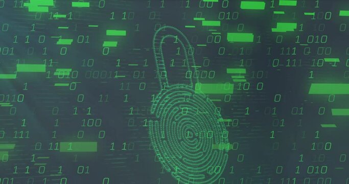 Animation of binary coding data processing over security padlock icon against grey background