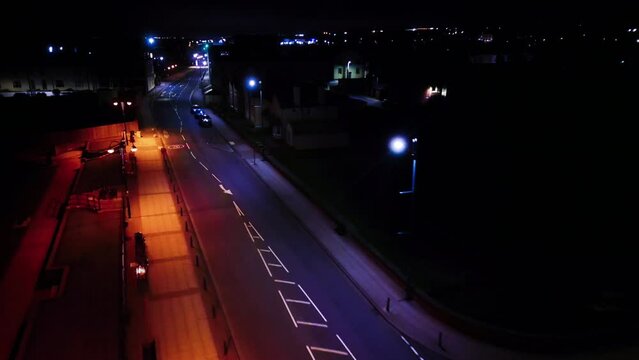 Seaham Front Road Cinematic Aerial View County Durham England United Kingdom Night.