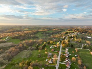 Stunning aerial view of lush green fields in the countryside in Eastern Ohio