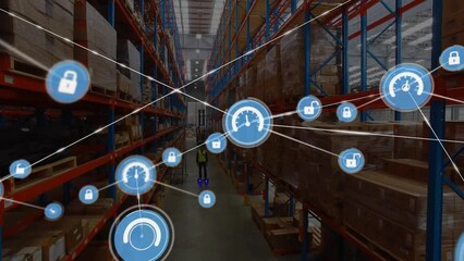 Animation of connected icons over african american worker using hoverboard in warehouse - Powered by Adobe
