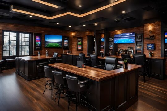 An office with a sports bar theme, complete with a bar and big-screen TVs.