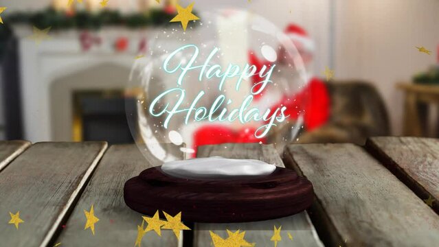 Animation of falling stars and lens flares around happy holidays text in snow globes on wooden table