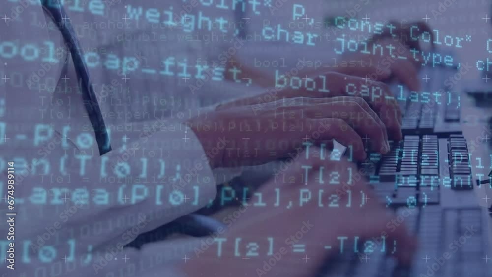Poster animation of computer language over midsection of diverse people typing on keyboard