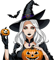 Illustration of a young woman in a witch costume for Halloween with a white background