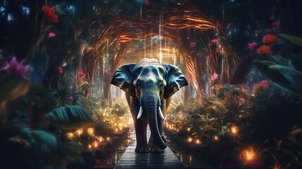 An elephant walks through the forest light beautiful image Ai generated art - obrazy, fototapety, plakaty