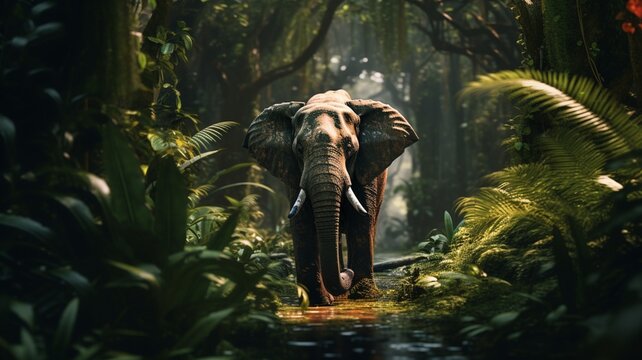 An elephant walks through the forest light beautiful image Ai generated art
