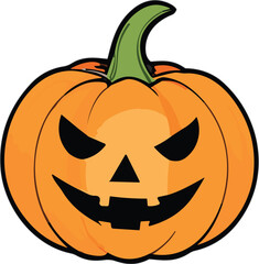 Vector illustration of a carved pumpkin with a sinister expression against a white background.