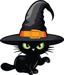 cartoon black cat in a witch hat, hiding behind an evil halloween sign