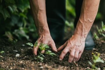 Farmer checks soil. Organic gardening concept.