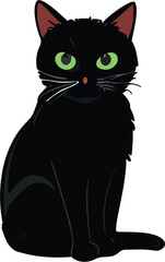 Vector illustration of a black cat with bright green eyes isolated on a white background.