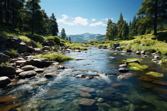 A clean and pristine river flowing through a natural landscape, depicting the positive impact of water pollution prevention and conservation efforts. Generative Ai.