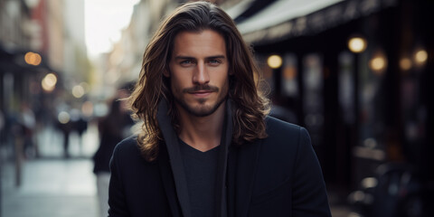 a handsome groomed man with long hair, street background