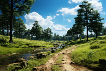 Obraz premium A lush green forest surrounded by clear skies and clean air, representing the concept of environmental conservation and pollution prevention. Generative Ai.