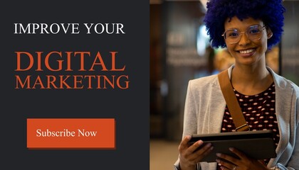 Biracial businesswoman using tablet and improve your digital marketing, subscribe now text - Powered by Adobe