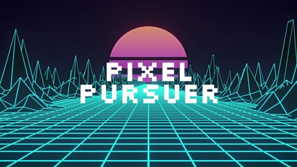 Illustration of pixel pursuer text with grip patterned mountains and purple sun, copy space