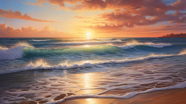 View of the beach, clean and clear wave sea, Sunset golden light sky scene.