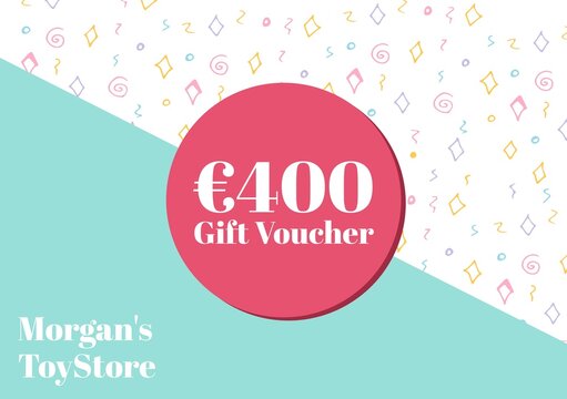 Illustration of 400 euro gift voucher in pink circle with morgan's toystore on abstract background - Powered by Adobe