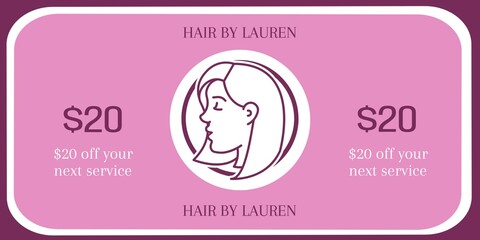 Illustration of woman and hair by lauren, 20 dollar off your next service text on pink background