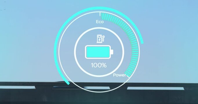 Animation of electric vehicle speedometer against time-lapse of city traffic