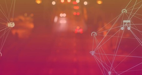 Animation of globes of digital icons spinning against aerial view of night city traffic - Powered by Adobe