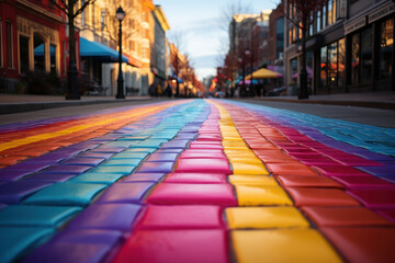 Obraz premium A rainbow crosswalk in a city, symbolizing LGBTQ+ acceptance and inclusion. Generative Ai.
