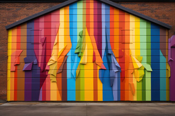 A pride flag mural painted on the side of a building in a city, showcasing public support for LGBTQ+ rights. Generative Ai.