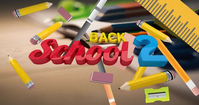Animation of back to school text and pencil erasor icons aganst close up of pencils and books
