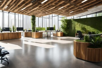 An eco-friendly office space with sustainable materials and energy-efficient lighting.