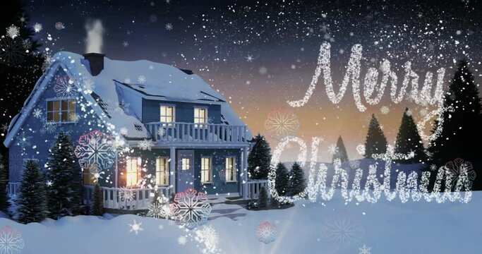 Animation of shooting star, snowflakes falling on merry christmas text and house on winter landscape