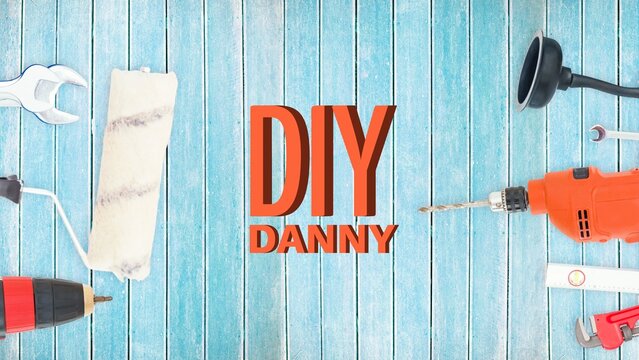 Illustration of diy danny text with various work tools on blue table, copy space