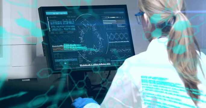 Animation of scientific data processing over caucasian female scientist using computer