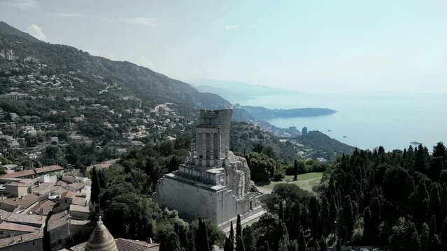 Drone of Trophy of Augustus Monument in La Turbie and the French river behind it