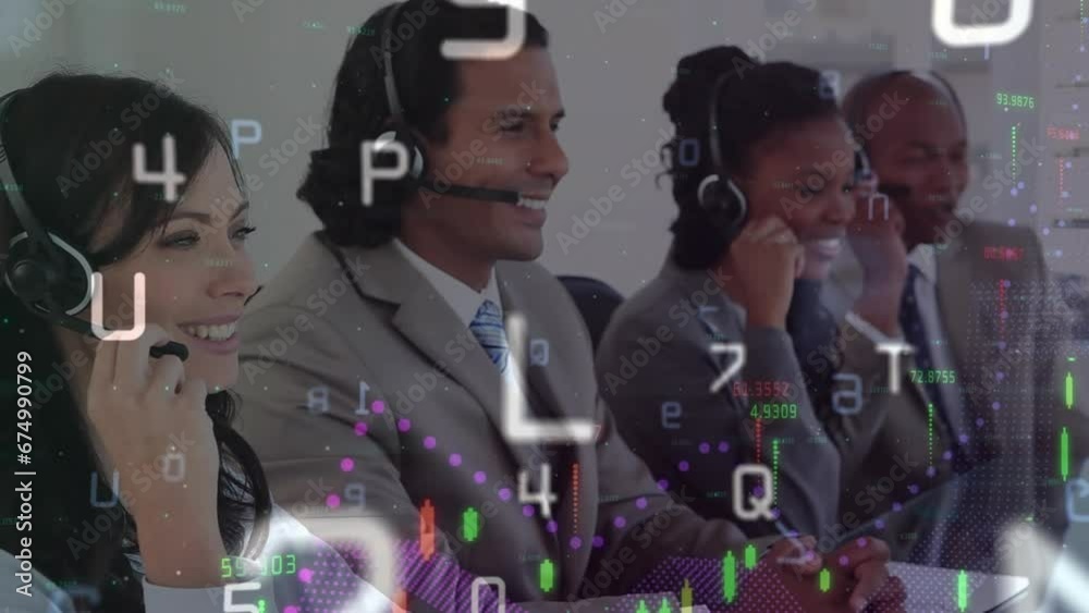 Poster Animation of financial data processing over diverse colleagues talking on phone headsets at office