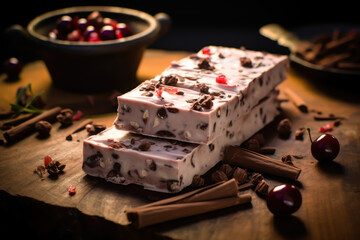 Truffled chocolate nougat with spiked cherries spanish - obrazy, fototapety, plakaty