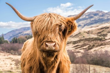 Highland cow looking straight on in the Scottish Highlands
