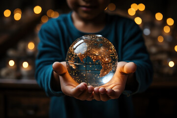 Fototapeta premium A close-up of a child's hands holding a globe, symbolizing global awareness and interconnectedness. Generative Ai.