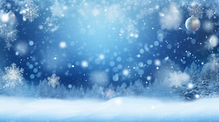 Fototapeta na wymiar Winter snowflakes and lights in a light and dark blue background, banner format