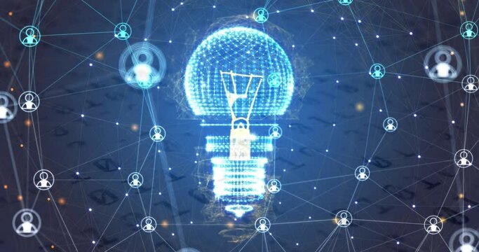 Animation of network of profile icons spinning over electric bulb against binary coding