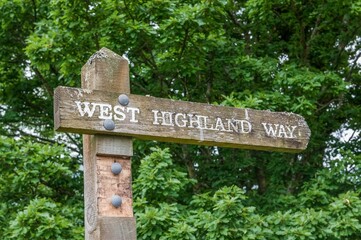 Low-angle shot of an old wooden West Highland Way signpole with thees on the background