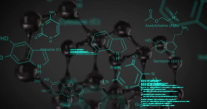 Animation of chemical structures, data processing over molecular structures model on grey background