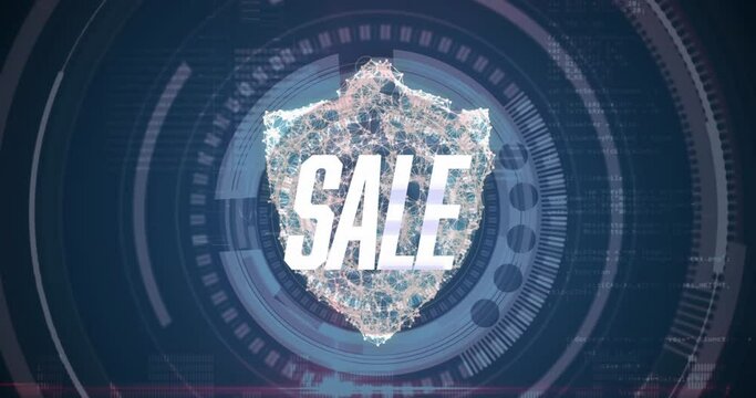 Animation of sale text banner over security sheild icon and round scanner in seamless pattern
