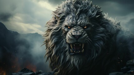 AI generated illustration of a roaring stone-built lion in an apocalyptic setting